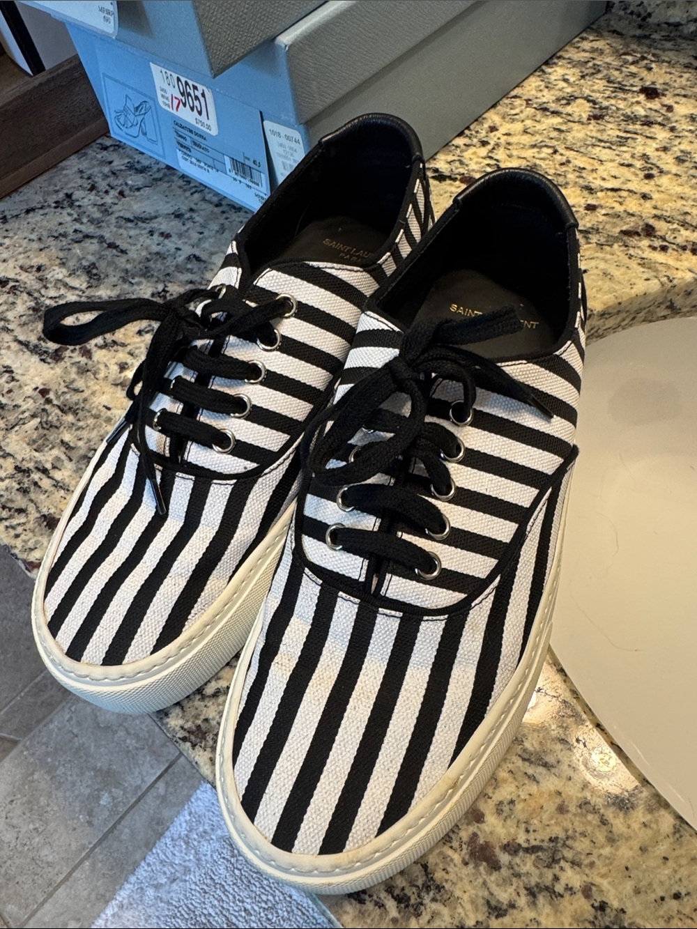Saint Laurent Black & White Striped Canvas Low-Top Sneakers 41